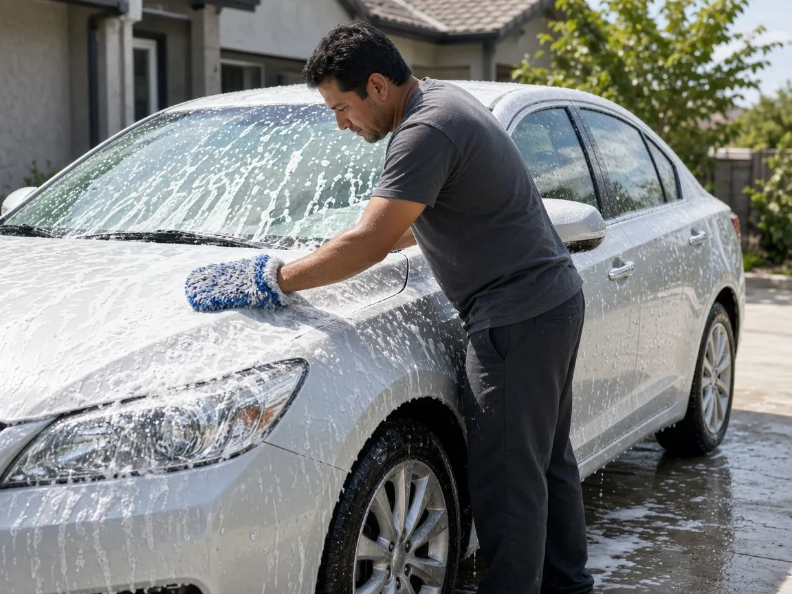 A passenger sedan being hand-washed with foam in a driveway.
