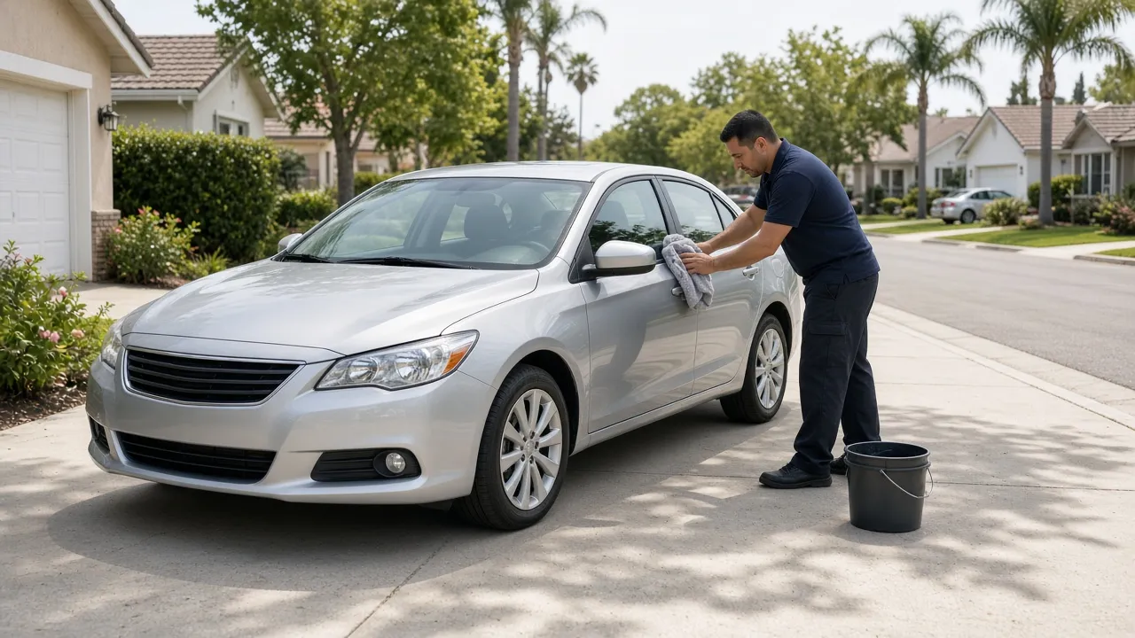 A detailer drying a silver sedan in a residential driveway during a mobile auto detailing visit.