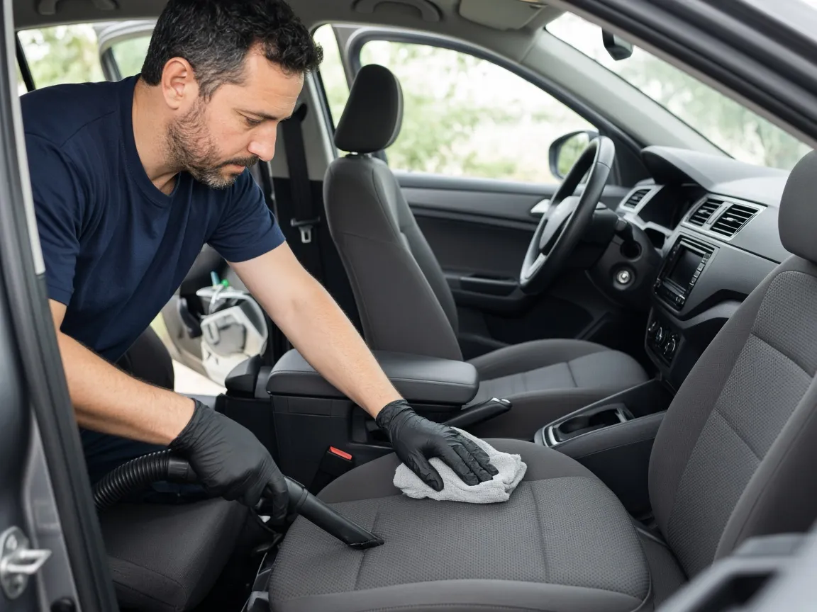 A detailer vacuuming and wiping the seats and dashboard of a passenger car interior.