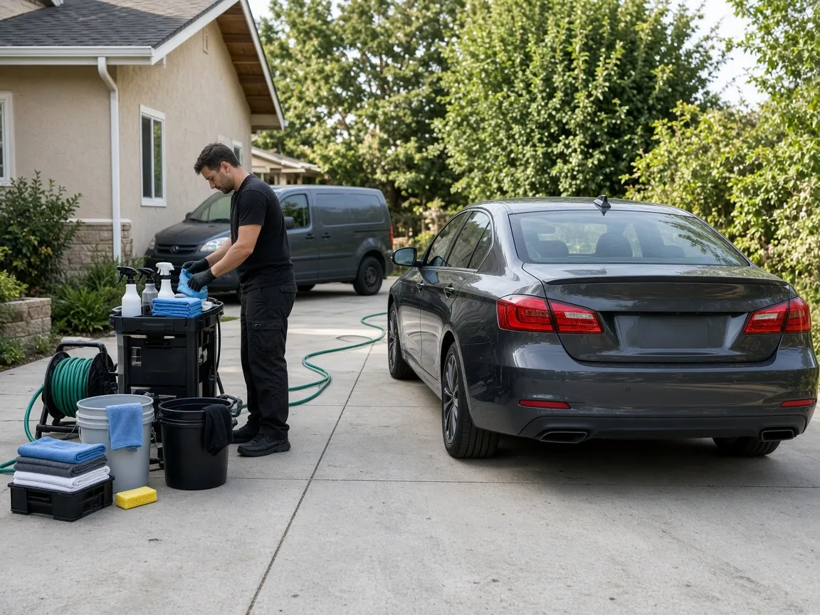 Mobile detailing supplies, towels, and wash tools arranged beside a passenger vehicle in a driveway.