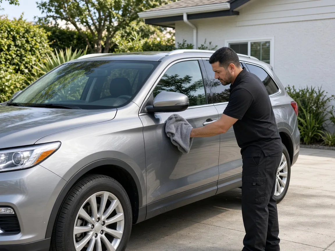 A detailer drying the side of a silver SUV during an outdoor detailing visit.